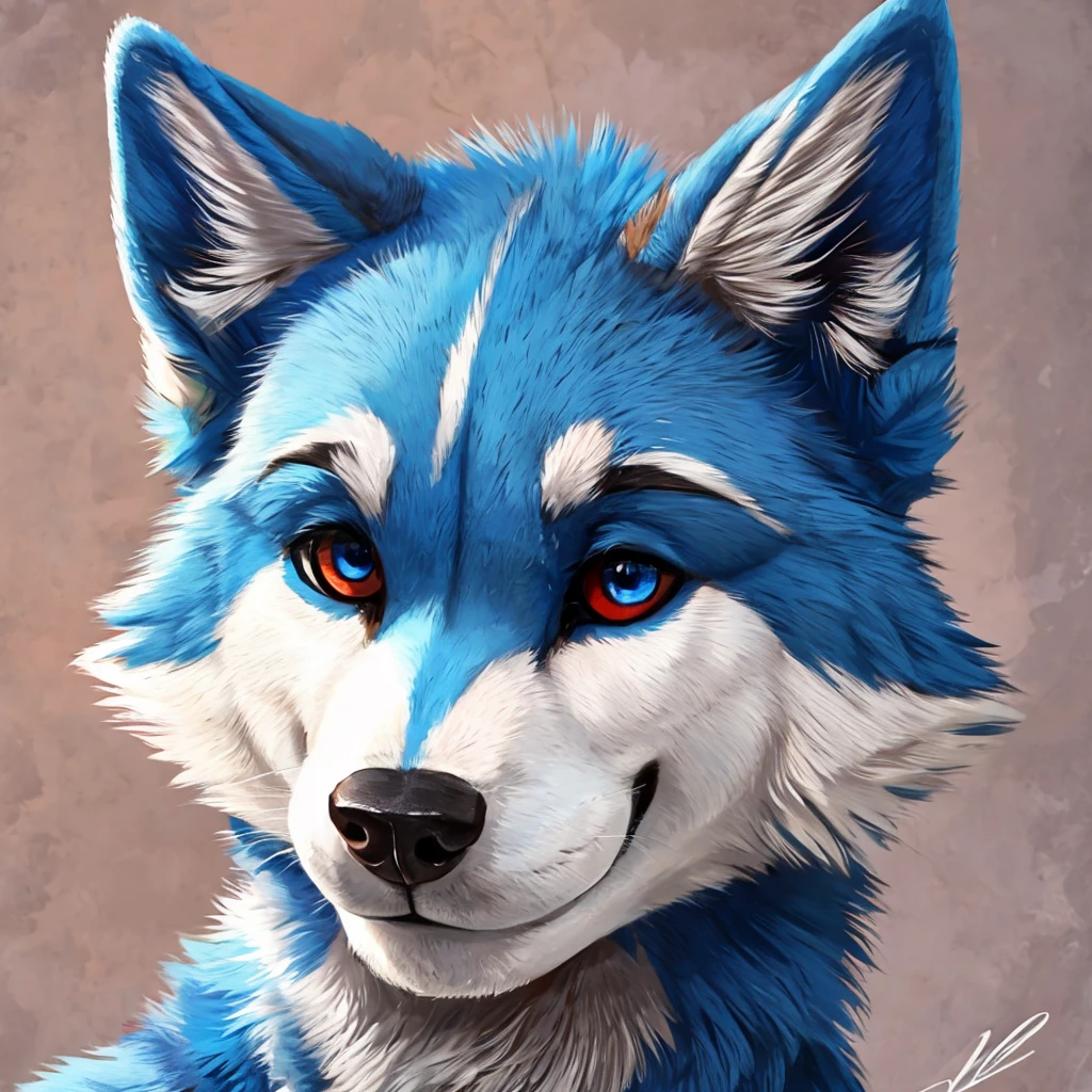 headshot of a cute and anthropomorphic blue colored fur wolf, closed smile, he has red and blue eyes, headshot, high quality furry art.