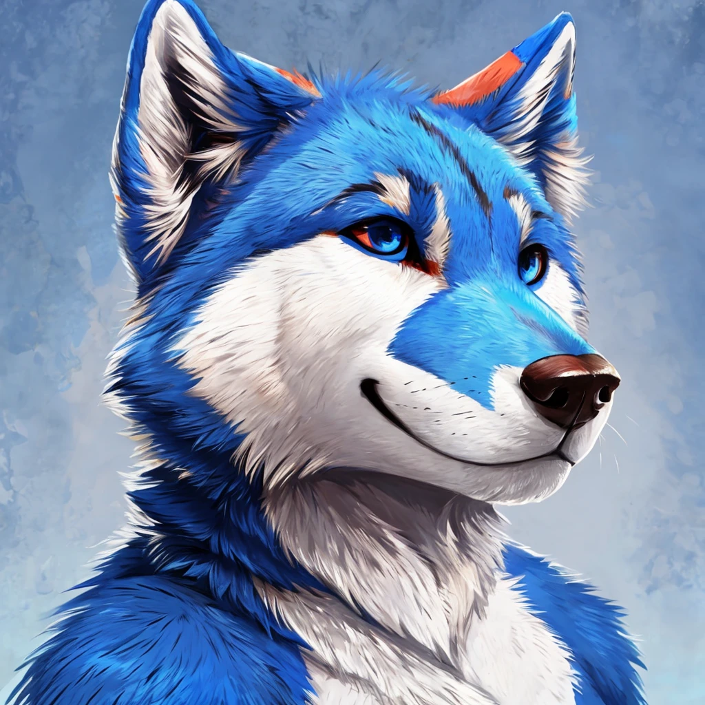 headshot of a cute and anthropomorphic blue colored fur wolf, closed smile, he has red and blue eyes, headshot, high quality furry art.