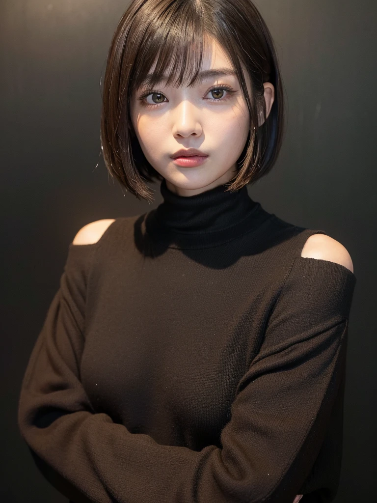(((Face close-up)))、(((Brown, shoulder-length, straight short bob)))、(((She is posing like a model at a hair salon., Indoors, against a black wall.)))、(((Casual black winter long sleeves covering the shoulders)))、Half Japan, Half Korean、18-year-old girl、Independent、I&#39;m looking forward to、Light eye makeup、Brown Hair Color、Flat 、Hair blowing in the wind、Quality of actress、Shiny, Ultra-realistic faces、smile、Watery eye、look up、Subtle lighting effects、 Ultra-Realistic Capture、Very detailed、High resolution 16k human skin closeup。Skin texture must be natural、The detail must be such that the pores are clearly visible.、skin is healthy、Even Tone、Use natural light and color、Worn out, High quality photos taken by modeling agencies&#39;In-house photographer.、smile、(((Sigma 300mm F/1.4,1/1000 sec shutter,ISO400))) 