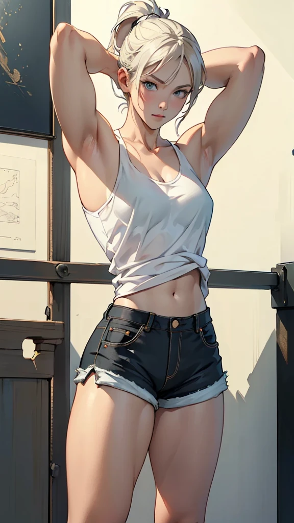 hand drawn art, Conceptual Art, Detailed sketch, Sketches, Manga art style, A young woman with French features, White tank top, White shorts, Open Fly、Long, thick, dark golden hair styled in a ponytail, blue eyes, Lean, strong, toned muscles, Standing in a lewd, sensual pose with arms behind her head、Short torso、A triumphant look、(((着古したボロボロのWhite shorts))),、(((White shortsを穴だらけにする))),、See-through、(((White shortsのチャックを開く))),、(((Clear white skin))),、Natural light、Photorealistic perfect body, Perfect body with realistic shadows, Perfect face with realistic shadows、Highest quality、masterpiece、Edgy Lines、Ultra-high resolution、Physical Beauty、Wide Hips、Big Ass、((Thick and strong muscular thighs))、（(Stand with your legs spread wide)）Realistic and large breasts、(The depth of the written boundary, f/1.2:1.45),Great quality, Beautiful details, Very detailed, Ultra-fine, 16K, Exquisite, Absurd,((masterpiece)),(((Highest quality))),Big Breasts、(((White shortsだけもっとボロボロにする))),、(((White shortsだけボロ布のように破く)))、(((Thin and long arms))),Anatomically correct、、triumphant expression、