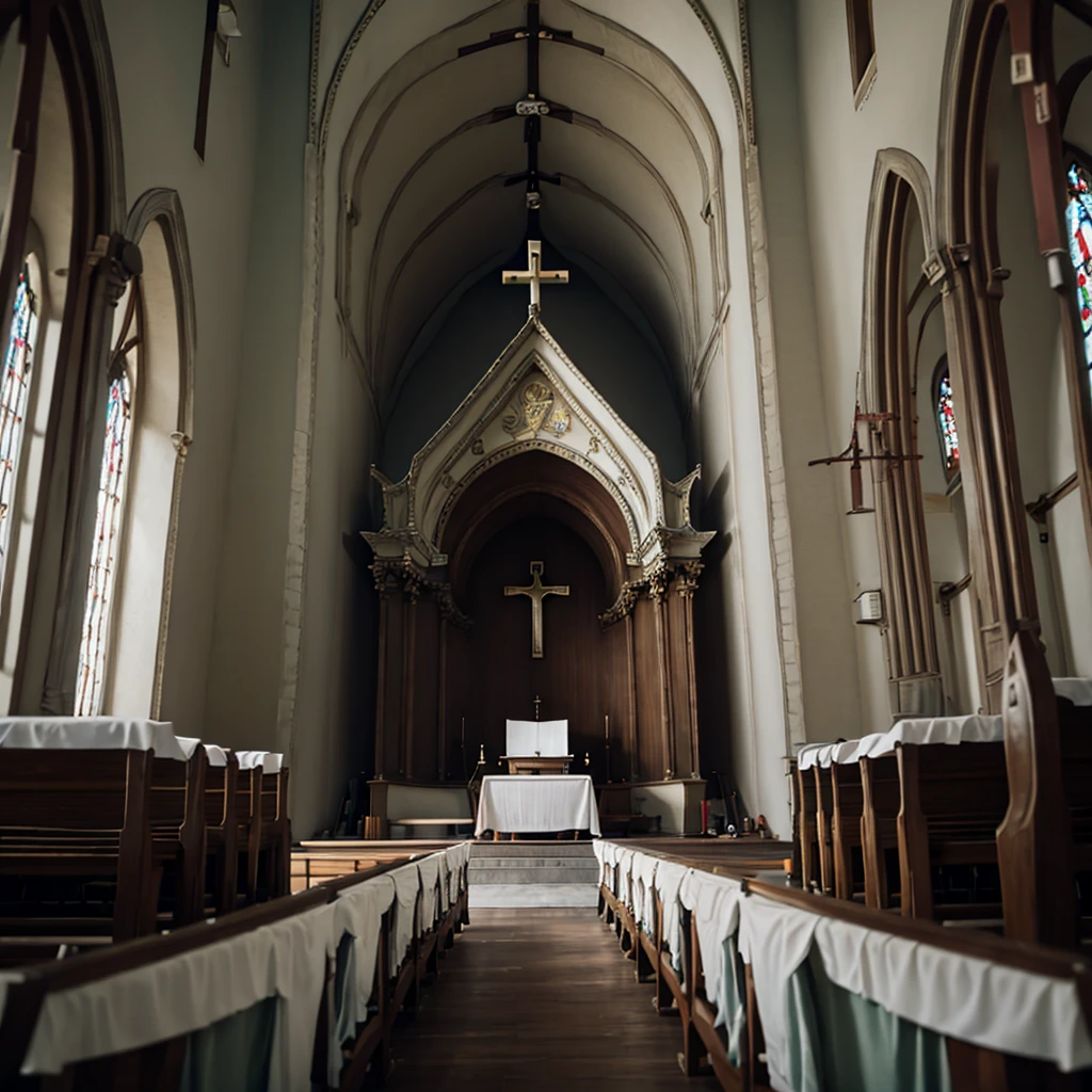 Retro Church,Long focus medium shot,Large depth of field,