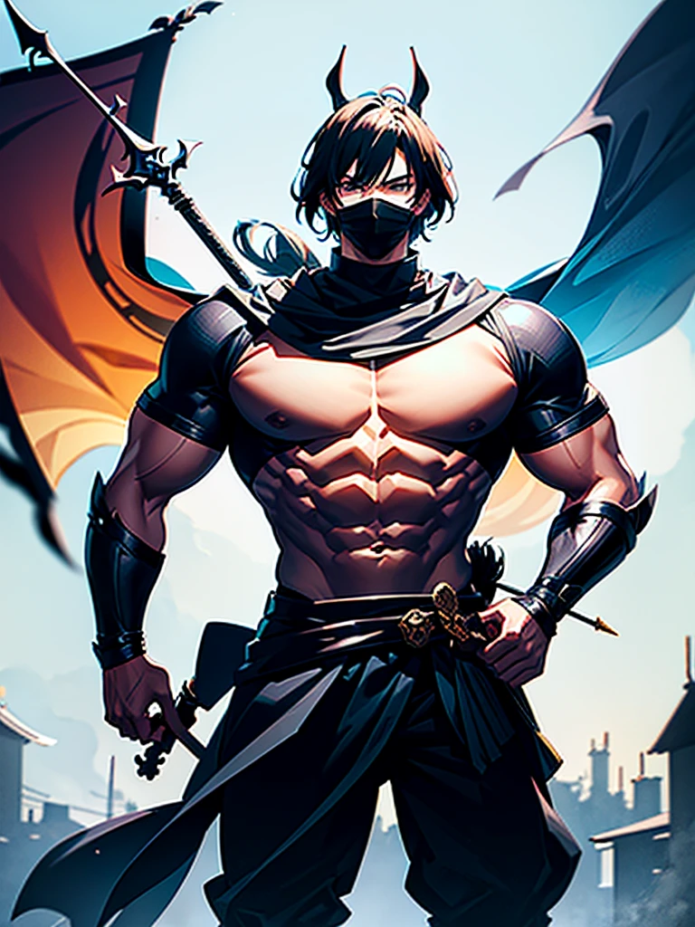 Make the msost beautiful picture that you can, whatever you want to make, make it a beautiful landscape, make it very beautiful, add some animals, add a warrior in the background, it is of medieval times, he's holding a big rijbdulahwyhbkked sword, has bow and arrows on hims back and is wearing cool clothes, he's standing with his sword out in front of a village, make it look like an anime, he's tall and looks very handsome, he's wearing a mask, he has a great body, he's buff and looks menacing, he has a big body, he looks like a bodybuilder 