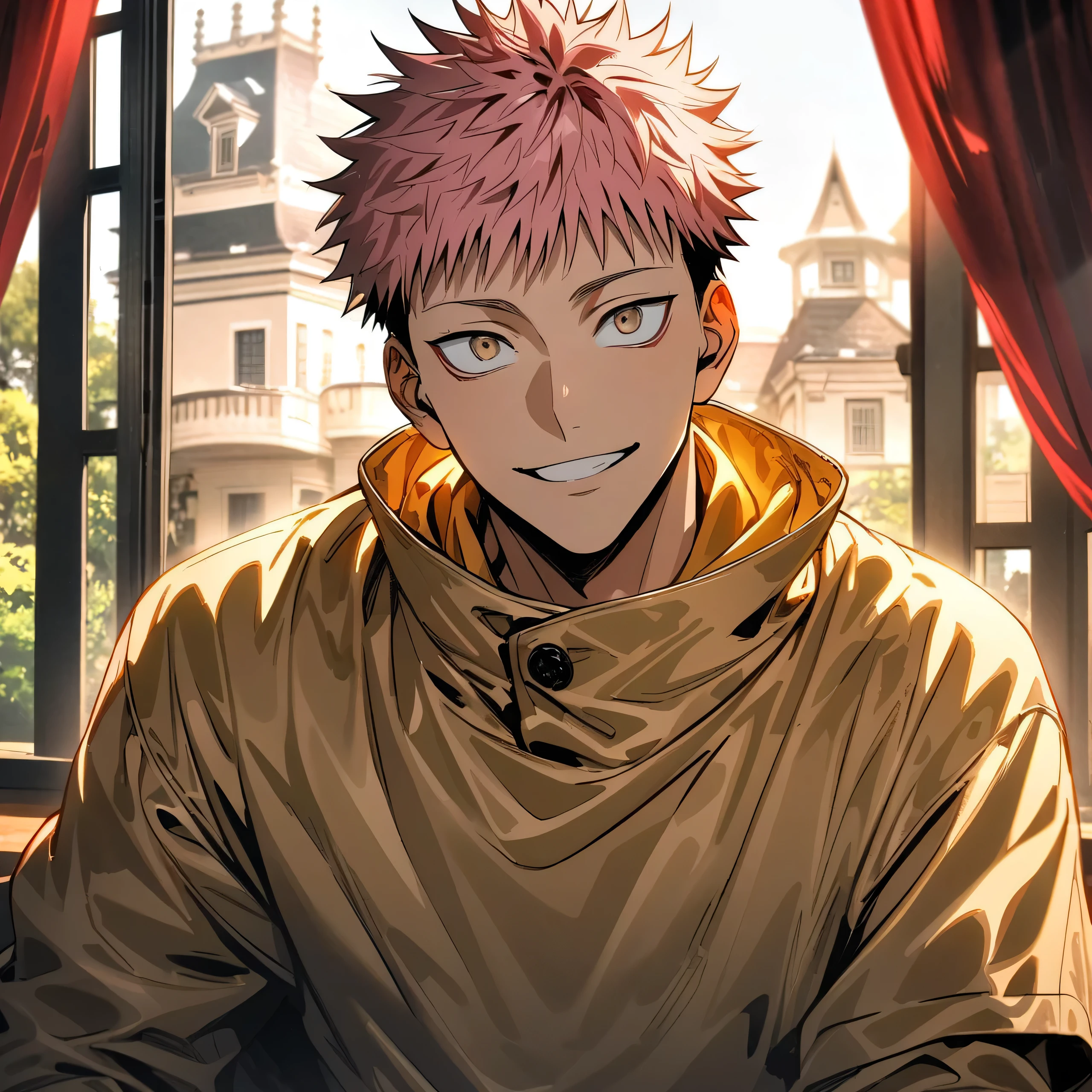 Ultra detailed, Highres, absurdres, HDR, Itadori Yuji, pink hair, light brown eyes, dark blue jacket with red collared high neck with golden colour buttons, white t-shirt, Jujutsu Kaisen, smiling, handsome, mansion, 1 man only, window, red curtains,