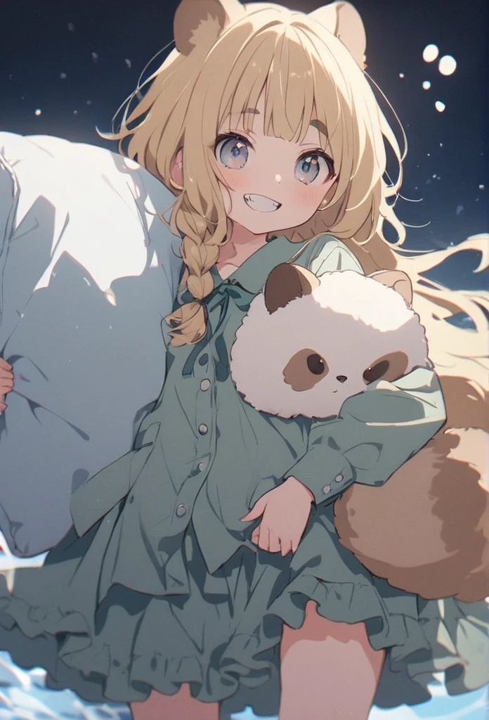 anime,(pale colors:1.8),long shot, 1girl, solo, (on right:1.3), full body, solo, grin, smile, holding pillow, sleepy eyes, fang, light yellow hair, racoon ears, racoon tail, (brown streaked hair:1.3), side braid, (blunt bangs), wavy hair,thick eyebrows, pajamas, night cap, water background,