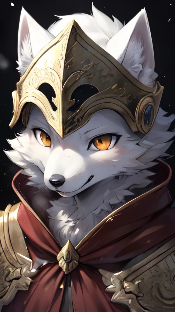 Yoshitaka Amano，1 person, 8k Werewolf Portrait, Arctic fox, Arctic fur is as white as snow，Paladin，helmet，Red Cape, complex, Very detailed, number, Smooth, Clear focus, illustration, ((masterpiece))，Blizzard weather