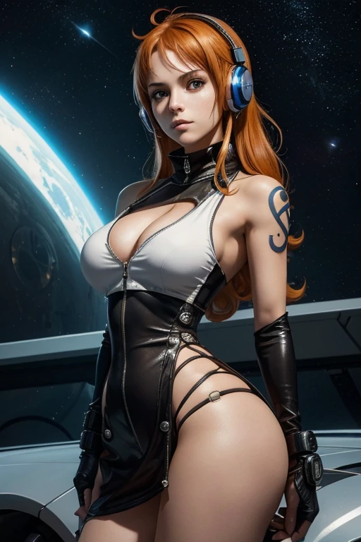 (masterpiece), best quality, expressive eyes, perfect face, front lighting, (space station background), (posing), (seductive look), (cleavage view), (1girl, Nami, 18 years old, orange hair, long hair, wavy hairstyle, brown eyes, hourglass figure, left shoulder tattoo, skinny body, thin body, petite_body, small breasts, wide hips, thick thighs), (cyber punk style, white zip-up cyber punk onepiece, turtle neck, sleeveless, boots, antenna headset),