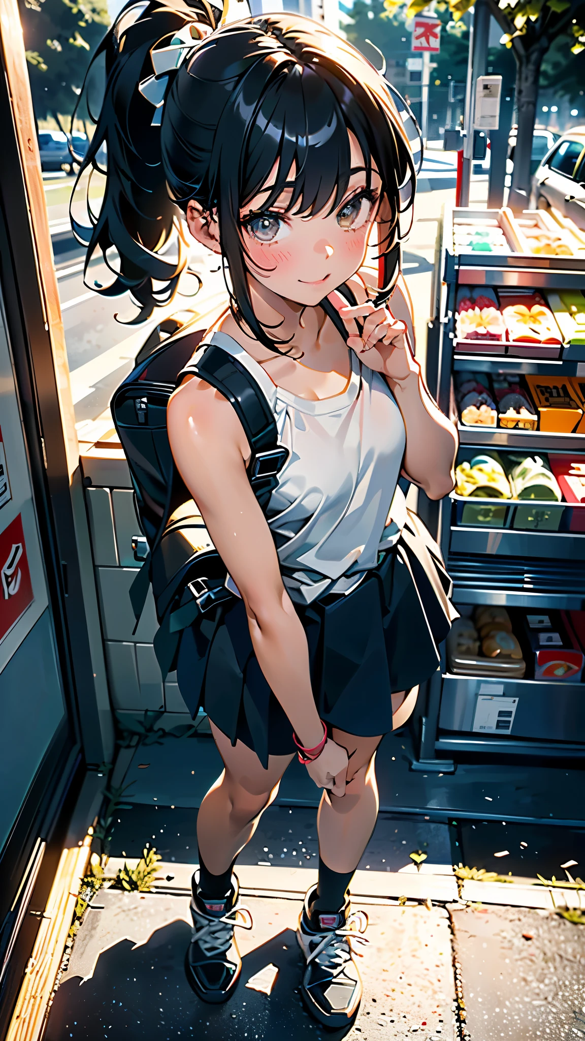 (8K, RAW Photos, 最high quality, masterpiece:1.2), high qualityのRAWカラー写真, Professional photo shoot, Cinematic Light, alone, (((young woman, Gal))), (Sharp features), (Small face), (Skin with attention to detail:1.2), clavicle, Cute face, Beautiful appearance, Long eyelashes,Girl Turning Around, smile, (Black Hair, Long straight line), Tank top, Short spats, sneakers, Backpack, Night Park, Confident attitude, Capture the happy moment, Artistic painting,Attractive thighs, (A very fine touch:1.2), (はにかんだsmile), Peaceful atmosphere, Oil painting style, Bright colors, (Are standing:1.5, Inside a convenience store, Full body portrait), Smooth texture, Gazing Eyes, Beautiful Skin, Shiny skin, ((Perfect Fingers, Five Fingers, Anatomically correct)), Background Blur, high quality, Surreal, ((Very detailed, photo shoot)),A large number of people、blush、plump、Black Hair、Tie-up hair、ponytail、