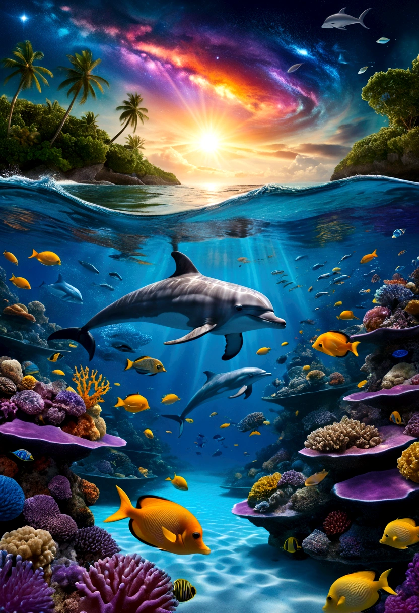 Create a surreal and fantastical image with the following elements: Setting: A beach with a surreal twist, where the ocean blends with a cosmic sky. Foreground: Vibrant coral reefs with detailed textures and various tropical fish swimming around. Transparent water near a woman, revealing bioluminescent algae and marine life. Midground: Dolphins swimming just below the surface, illuminated by sunlight filtering through the water. Background: A sky dominated by a massive cosmic eye, surrounded by swirling galactic patterns and luminous stars. Spiraling waves seamlessly blend into the cosmic sky. Colors: Dominant tones of blue, turquoise, and violet. Accents of yellow and orange from the tropical fish and sunlight. Composition: The scene should guide the viewer’s gaze from the detailed coral reefs and marine life in the foreground, to the dolphins in the midground, and finally to the cosmic eye and swirling waves in the background. Use lines and patterns to naturally direct the viewer’s attention upwards. Atmosphere: Evoke a mystical and dreamlike atmosphere, blurring the boundaries between reality and imagination. Create a sense of depth and dimension with sharp details in the foreground and midground, and a slightly softer focus on the cosmic elements in the background.