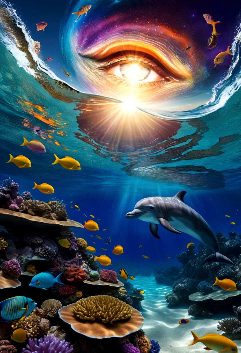 Create a surreal and fantastical image with the following elements: Setting: A beach with a surreal twist, where the ocean blends with a cosmic sky. Foreground: Vibrant coral reefs with detailed textures and various tropical fish swimming around. Transparent water near a woman, revealing bioluminescent algae and marine life. Midground: Dolphins swimming just below the surface, illuminated by sunlight filtering through the water. Background: A sky dominated by a massive cosmic eye, surrounded by swirling galactic patterns and luminous stars. Spiraling waves seamlessly blend into the cosmic sky. Colors: Dominant tones of blue, turquoise, and violet. Accents of yellow and orange from the tropical fish and sunlight. Composition: The scene should guide the viewer’s gaze from the detailed coral reefs and marine life in the foreground, to the dolphins in the midground, and finally to the cosmic eye and swirling waves in the background. Use lines and patterns to naturally direct the viewer’s attention upwards. Atmosphere: Evoke a mystical and dreamlike atmosphere, blurring the boundaries between reality and imagination. Create a sense of depth and dimension with sharp details in the foreground and midground, and a slightly softer focus on the cosmic elements in the background.