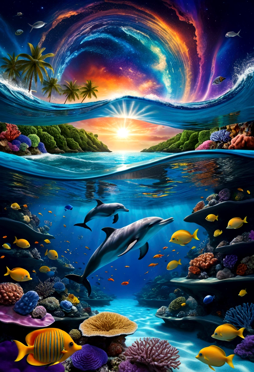 Create a surreal and fantastical image with the following elements: Setting: A beach with a surreal twist, where the ocean blends with a cosmic sky. Foreground: Vibrant coral reefs with detailed textures and various tropical fish swimming around. Transparent water near a woman, revealing bioluminescent algae and marine life. Midground: Dolphins swimming just below the surface, illuminated by sunlight filtering through the water. Background: A sky dominated by a massive cosmic eye, surrounded by swirling galactic patterns and luminous stars. Spiraling waves seamlessly blend into the cosmic sky. Colors: Dominant tones of blue, turquoise, and violet. Accents of yellow and orange from the tropical fish and sunlight. Composition: The scene should guide the viewer’s gaze from the detailed coral reefs and marine life in the foreground, to the dolphins in the midground, and finally to the cosmic eye and swirling waves in the background. Use lines and patterns to naturally direct the viewer’s attention upwards. Atmosphere: Evoke a mystical and dreamlike atmosphere, blurring the boundaries between reality and imagination. Create a sense of depth and dimension with sharp details in the foreground and midground, and a slightly softer focus on the cosmic elements in the background.