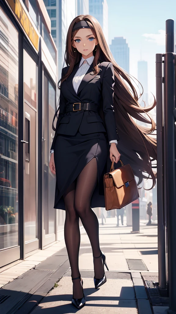 Beautiful woman, blue eyes, long hair, brown hair, headband, office wardrobe, lawyer wardrobe, black heels, luxurious buildings background
