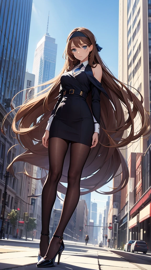 Beautiful woman, blue eyes, long hair, brown hair, headband, office wardrobe, lawyer wardrobe, black heels, luxurious buildings background