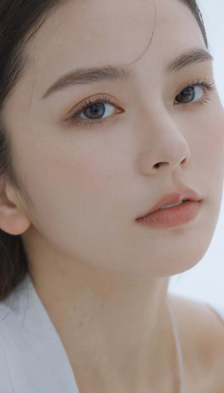 xxmixgirl, Analog Style, Eye focus, Highest quality, (Very detailed skin), Exquisitely beautiful white skin photos, 21 years old, Perfect Face, Captivating eyes, (Seductive makeup: 1.3), Skin pores, (Bokeh:1.5), Sharp focus, Dappled Lighting, (Backlight), Film Grain, (Very detailed, Exquisitely crafted), 8K, High resolution, Front view, Studio Light, Very detailed顔, Fine grain, (double eyelid: 1.4), Aristogle, Brown eyes, (commercial: 1.6), (Natural Makeup), ((White studio background: 2))、Summery white fashion、
