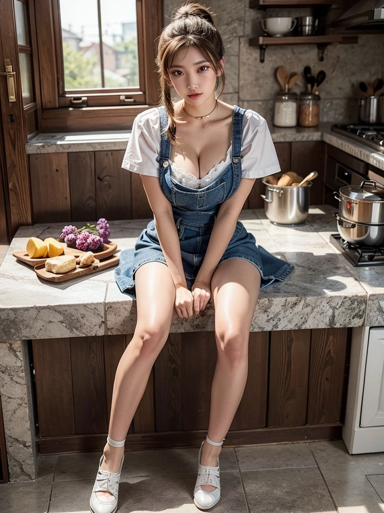 Highest quality: 1.4, High resolution, Perfect lighting,(One Girl, , Cleavage:1.5)Short Ponytail, ribbon, (whole body),(Beautiful legs),Denim apron, kitchen