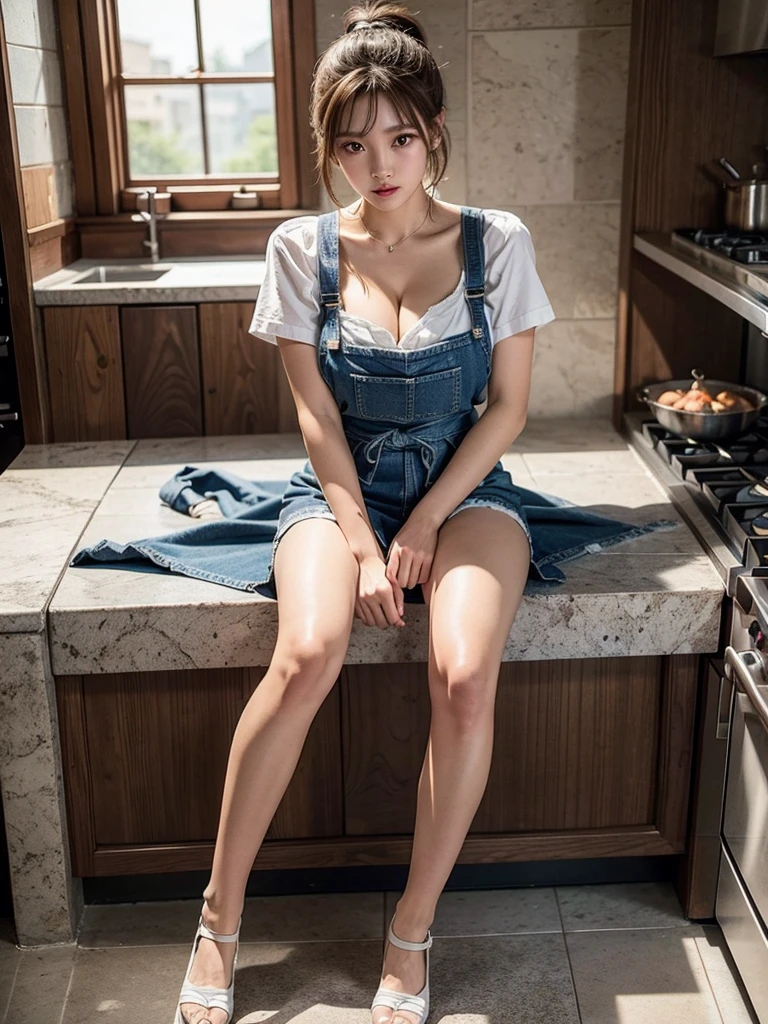 Highest quality: 1.4, High resolution, Perfect lighting,（One Girl, , Cleavage:1.5）Short Ponytail, ribbon, （whole body）,（Beautiful legs）,Denim apron, kitchen