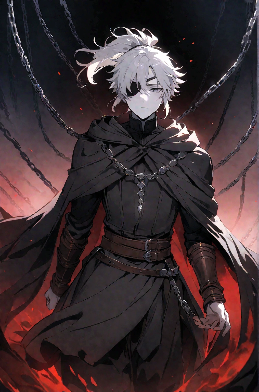 Anime character, a man, medieval era. Young man, 20 years old, large body, cold gaze, cold expression, white skin, short messy gray hair, ponytail, left eye patch, black clothes, black shirt, dark cape with hood, chains. frontal camera. Walking in a sea of blood. Three moons shining high in the sky, purple, red and blue. White electricity emanating from his body, black electricity emanating from his left hand. Right eye shining in a white ray. Thunderous white lightning. (best quality, 4k, 8k, high resolution, masterpiece: 1.2), vibrant, ultra-detailed colors, chiaroscuro lighting, dramatic pose, intricate details, fantasy, mystical, powerful