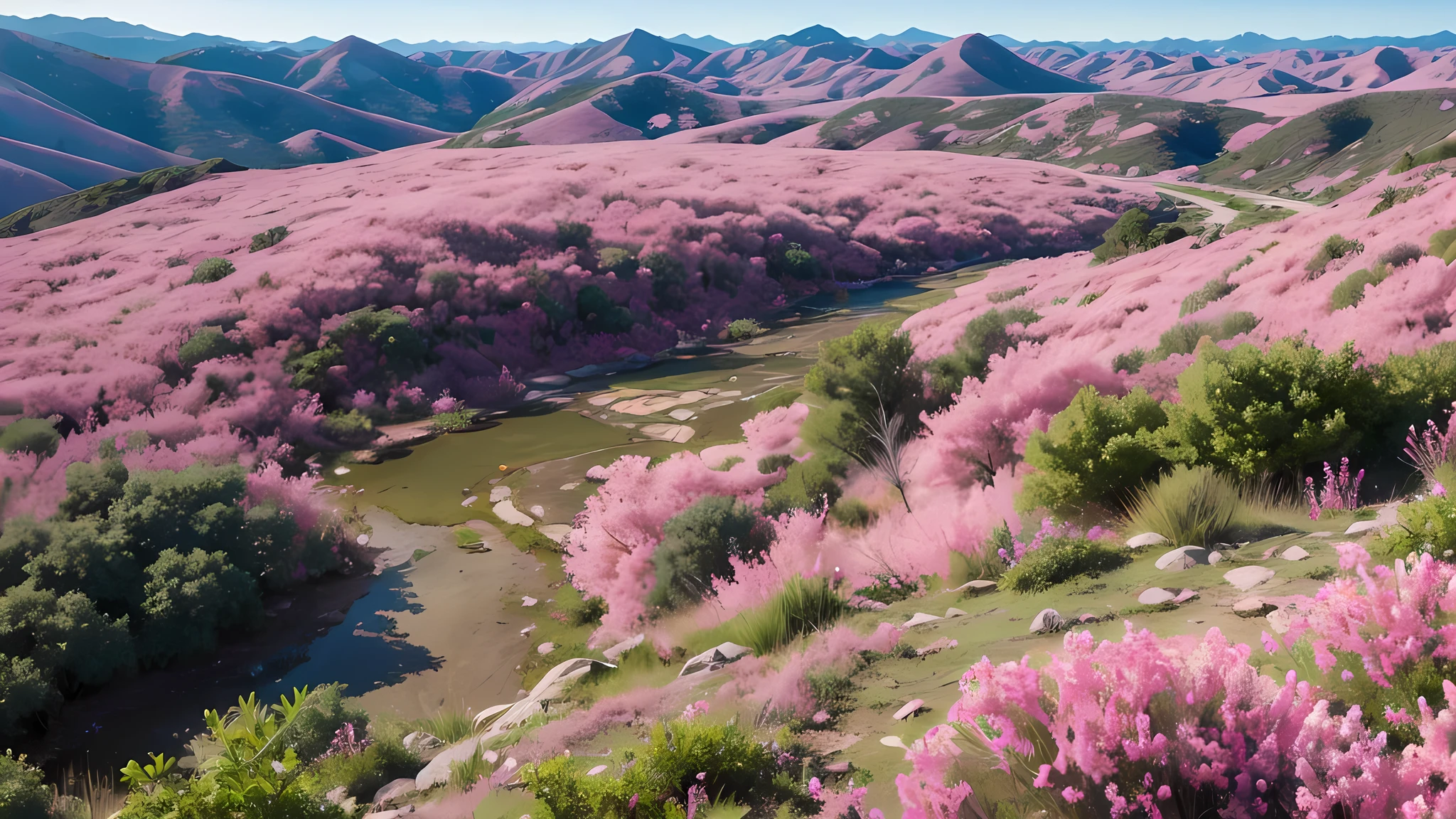 Pink vegetation,Overlook from above,Big scene, best quality. 8K Ultra HD