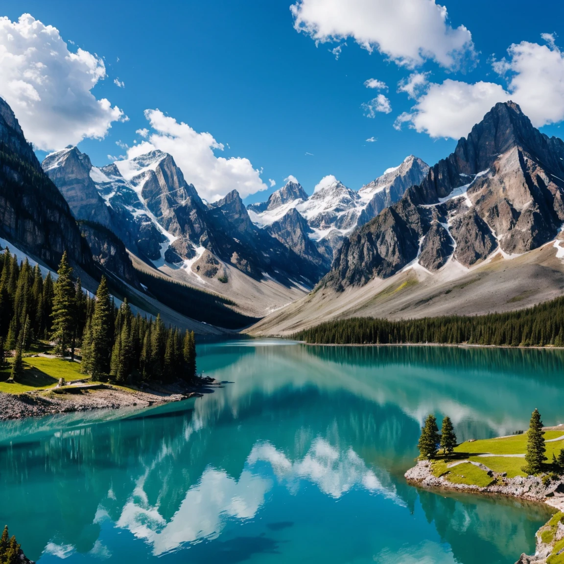 a magnificent landscape with mountains, a blue lake, a blue but cloudy sky