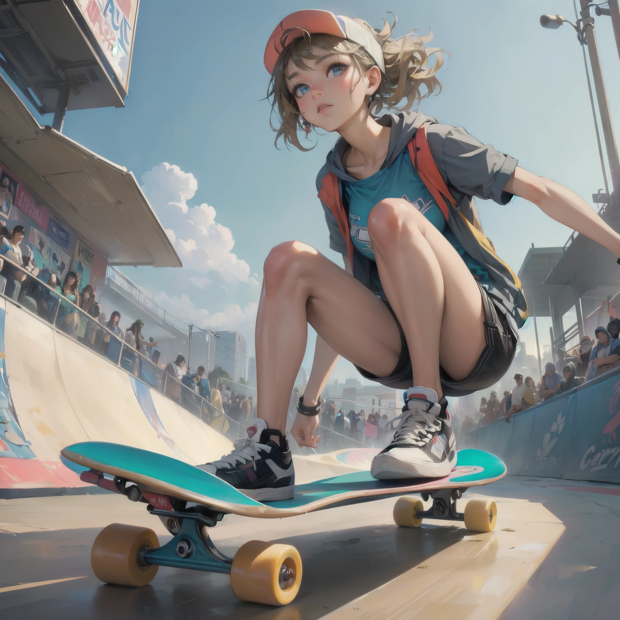 masterpiece, (textured skin), best quality, gorgeous beautiful girl, (a female skateboard athlete), detailed clothes,large breasts,narrow waist,, (beautiful face), cinematic lighting, (at skateboard venue ),