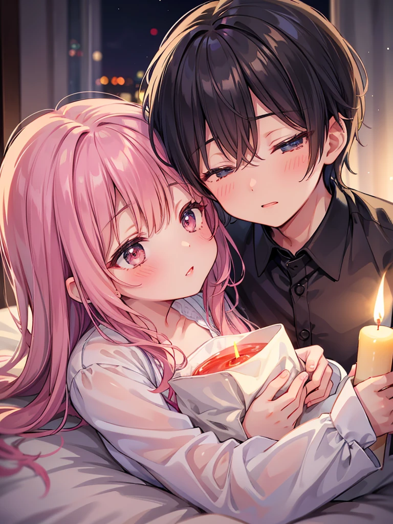 A young boy and a woman kissing passionately、Touching lips、Hold each other tight、In the middle of the night, I close my eyes in bed and light a candle、A great portrait of both of them blushing furiously.
