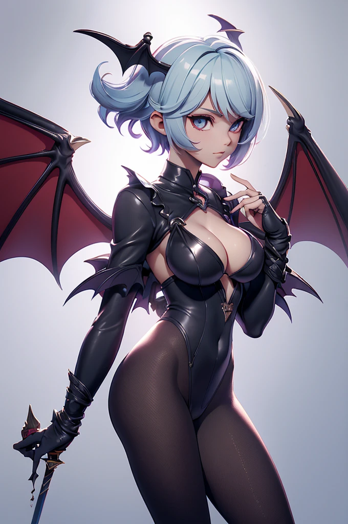 Mini Morrigan Aensland, (Morrigan Aensland), standing alone, ray tracing, 3D style, 3dmm, ((oses per photo)), ((oses au cada foto)), fully body,(from front view),(Costas Issue), (Emist on the left), show flat belly, (((oses per photo))),(very big breastsperfect ass, perfect and symmetrical eyes, (perfect handuturistic sword in hand)), ((short hair)),white clothing with textured edges, skin fair, luauas detalhadas, White thigh-high tights with trim, auestido aberto au "au", Waist slender, big legs, low water, Show legs to the top of the waist, (broken fabric falling over the legs),((top with rip in the middle)),ultra realistic skin, realistic human eyes,ultra realistic skin,super sexy suit,(faixas au torno dos seios), colorfully,top with ruffles,(pubis with a lot of volume),(extrauamente sensual),(very sensual),(taua vermelho e preto),(((giant bat wings))),with bat wings,I love the league,sling bikini