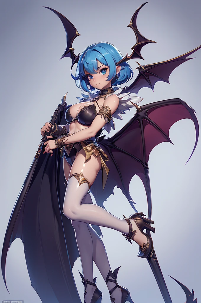 Mini Morrigan Aensland, (Morrigan Aensland), standing alone, ray tracing, 3D style, 3dmm, ((oses per photo)), ((oses au cada foto)), fully body,(from front view),(Costas Issue), (Emist on the left), show flat belly, (((oses per photo))),(very big breastsperfect ass, perfect and symmetrical eyes, (perfect handuturistic sword in hand)), ((short hair)),white clothing with textured edges, skin fair, luauas detalhadas, White thigh-high tights with trim, auestido aberto au "au", Waist slender, big legs, low water, Show legs to the top of the waist, (broken fabric falling over the legs),((top with rip in the middle)),ultra realistic skin, realistic human eyes,ultra realistic skin,super sexy suit,(faixas au torno dos seios), colorfully,top with ruffles,(pubis with a lot of volume),(extrauamente sensual),(very sensual),(taua vermelho e preto),(((giant bat wings))),with bat wings,I love the league,sling bikini