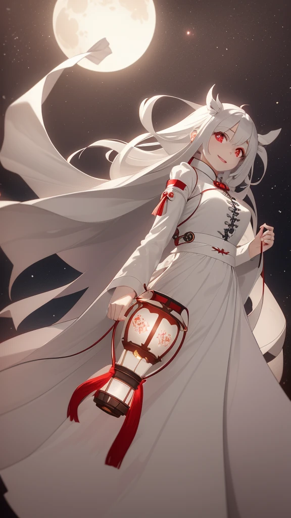 1 girl, silver hair, red eyes, white skin, smile, long hair, flying, floating in the air, white cloak, holding a lantern, Chinese lantern, night, moon