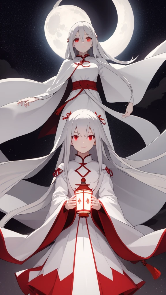 1 girl, silver hair, red eyes, white skin, smile, long hair, flying, floating in the air, white cloak, holding a lantern, Chinese lantern, night, moon