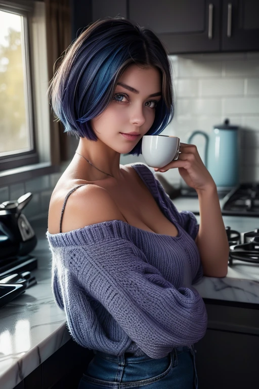 1 girl, short hair with blue highlights, gazing at viewer, coraring, Raven, standing alone, Short black hair with blue highlights, purples eyes, Fair Skin, perfectbody, white undershirt, drinking coffee in an elegant kitchen, light smile, Hyperrealism, highres