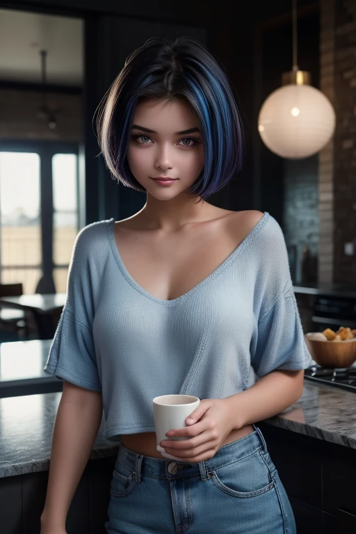 1 girl, short hair with blue highlights, gazing at viewer, coraring, Raven, standing alone, Short black hair with blue highlights, purples eyes, Fair Skin, perfectbody, white undershirt, drinking coffee in an elegant kitchen, light smile, Hyperrealism, highres