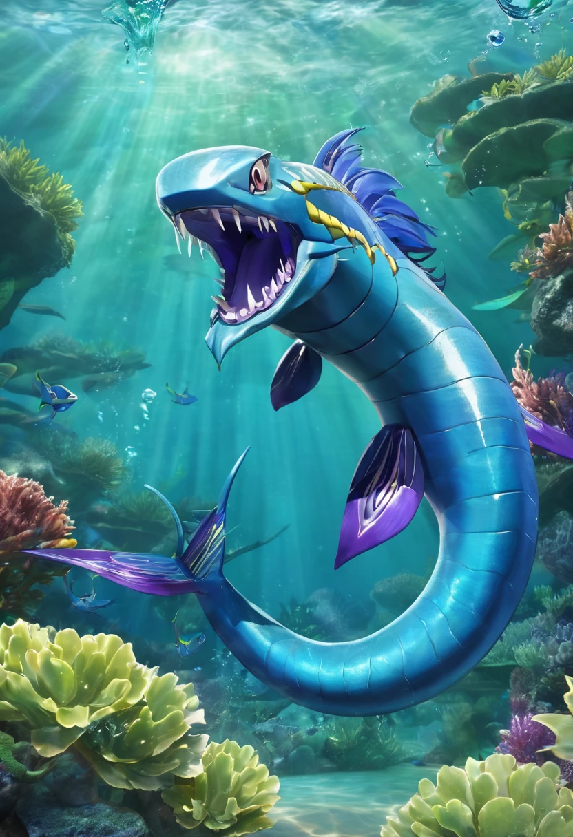 Aquadrake is a sleek, serpentine Pokémon with a streamlined body designed for swift movement in water. Its scales are a deep, iridescent blue that shimmer with hints of green and purple. It has a long, finned tail that propels it through the water and large, sharp fins on its back. Its eyes are a piercing blue, and it has a set of small horns on its head that resemble waves. Aquadrake's mouth is filled with sharp teeth, and it has whisker-like fins on the sides of its face.