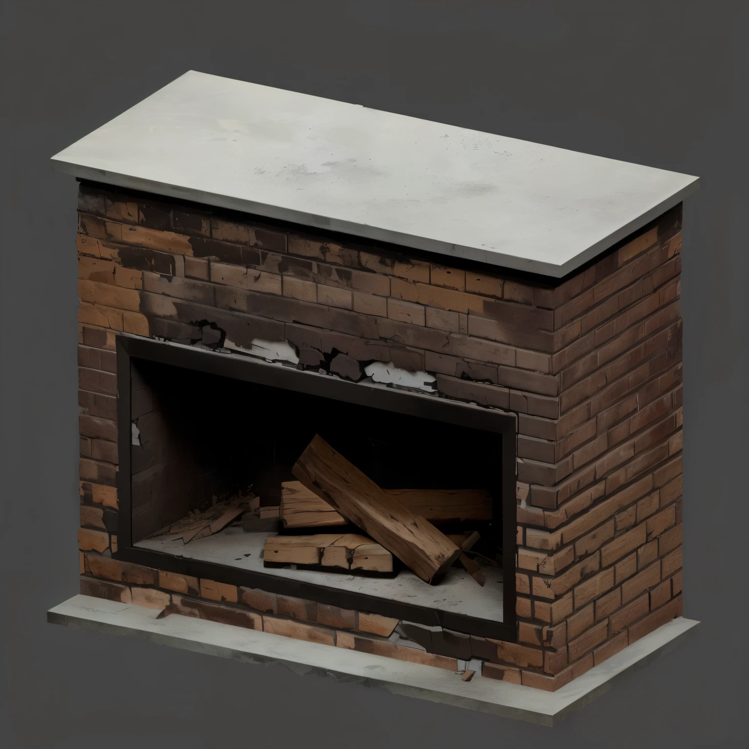 Old dilapidated brick fireplace with concrete bottom and top, fireplace with cracks and wood inside