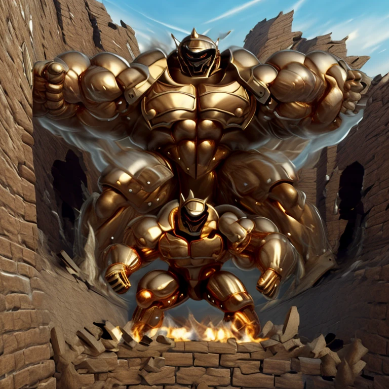 SOLO (masterpiece. official art. 8k. best quality. detailed full body. full body.)

(situation 1 : dominating Armored Flazzard. Armored Flazzard is over 1000 meters long. focus GIANT mechanical Muscular Armored Flazzard is trampling the city. Looking down. macro. stomp. Low-angle perspective. emphasizing the immense size.)

(situation 2 :smoke and flames rising from the destruction in the city)

(Additional details 1: real texture material. whole body shines like metal. emphasizes the muscles. suit fully made of metal.).

(Additional details 2: Detailed head. Detailed Body. Detailed abs. gigantic muscles. HYPER MUSCLES. Gigachad Muscular. big muscle. pecs. triceps. traps. unusually developed muscular body. body full of huge muscles. showing off muscles. pectorales enormes. Exaggeratedly huge muscles. huge muscles. long legs.).
his back he wears a golden cloak.