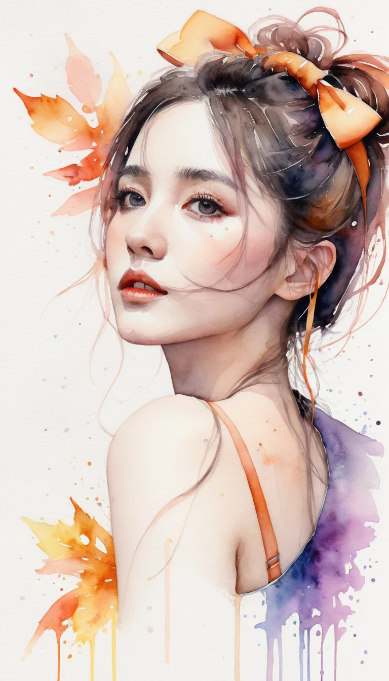 (8k, best quality, masterpiece:1.2),(best quality:1.0), (ultra highres:1.0), watercolor, a beautiful woman, shoulder, hair ribbons, by agnes cecile, half body portrait, extremely luminous bright design, pastel colors, (ink:1.3), autumn lights,