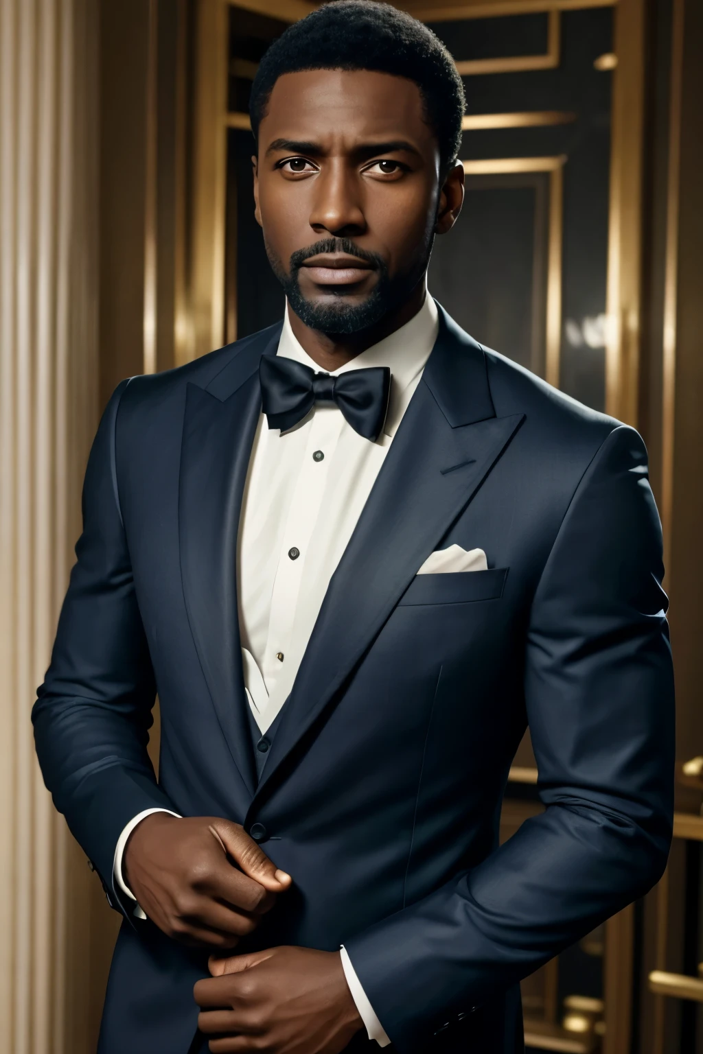 A Timeless Gentleman, (Harrison Ford:Idris Elba:0.5), 21-years-old, standing with an impeccable suit and tie, body and head held straight and regal in the photo. The camera, a DSLR, captures him facing the viewer directly, eyes fixed intently to the lens, allowing the viewer to clearly see his shoulders and head, centering him in the photo. The image, a masterpiece, is shot in 8k, boasting the best quality and realism. The photograph, a realistic portrait, carries the essence of a movie still, exuding an ultra-realistic allure that can only be achieved