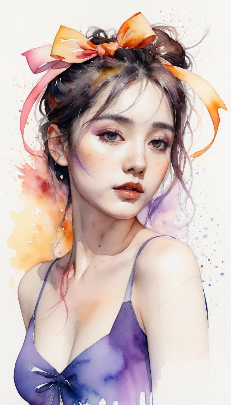 (8k, best quality, masterpiece:1.2),(best quality:1.0), (ultra highres:1.0), watercolor, a beautiful woman, shoulder, hair ribbons, by agnes cecile, half body portrait, extremely luminous bright design, pastel colors, (ink:1.3), autumn lights,
