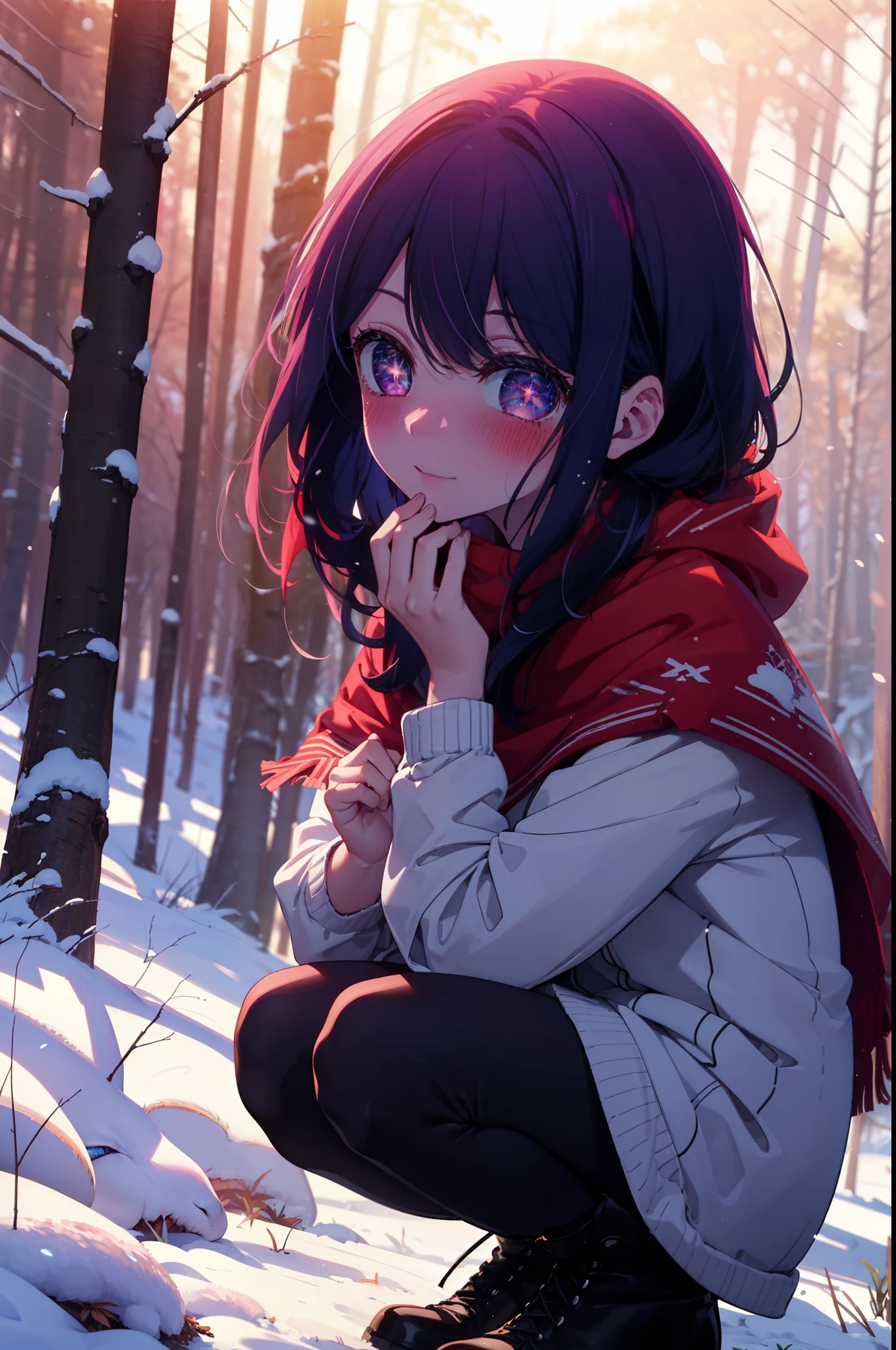 aihoshino, Ai Hoshino, Long Hair, bangs, (Purple eyes:1.1), Purple Hair, (Symbol-shaped pupil:1.5), smile,,smile,blush,White Breath,
Open your mouth,snow,Ground bonfire, Outdoor, boots, snowing, From the side, wood, suitcase, Cape, Blurred, , forest, White handbag, nature, Squat, Mouth closed, Cape, winter, Written boundary depth, Black shoes, red Cape break looking at viewer, Upper Body, whole body, break Outdoor, forest, nature, break (masterpiece:1.2), Highest quality, High resolution, unity 8k wallpaper, (shape:0.8), (Beautiful and beautiful eyes:1.6), Highly detailed face, Perfect lighting, Highly detailed CG, (Perfect hands, Perfect Anatomy),