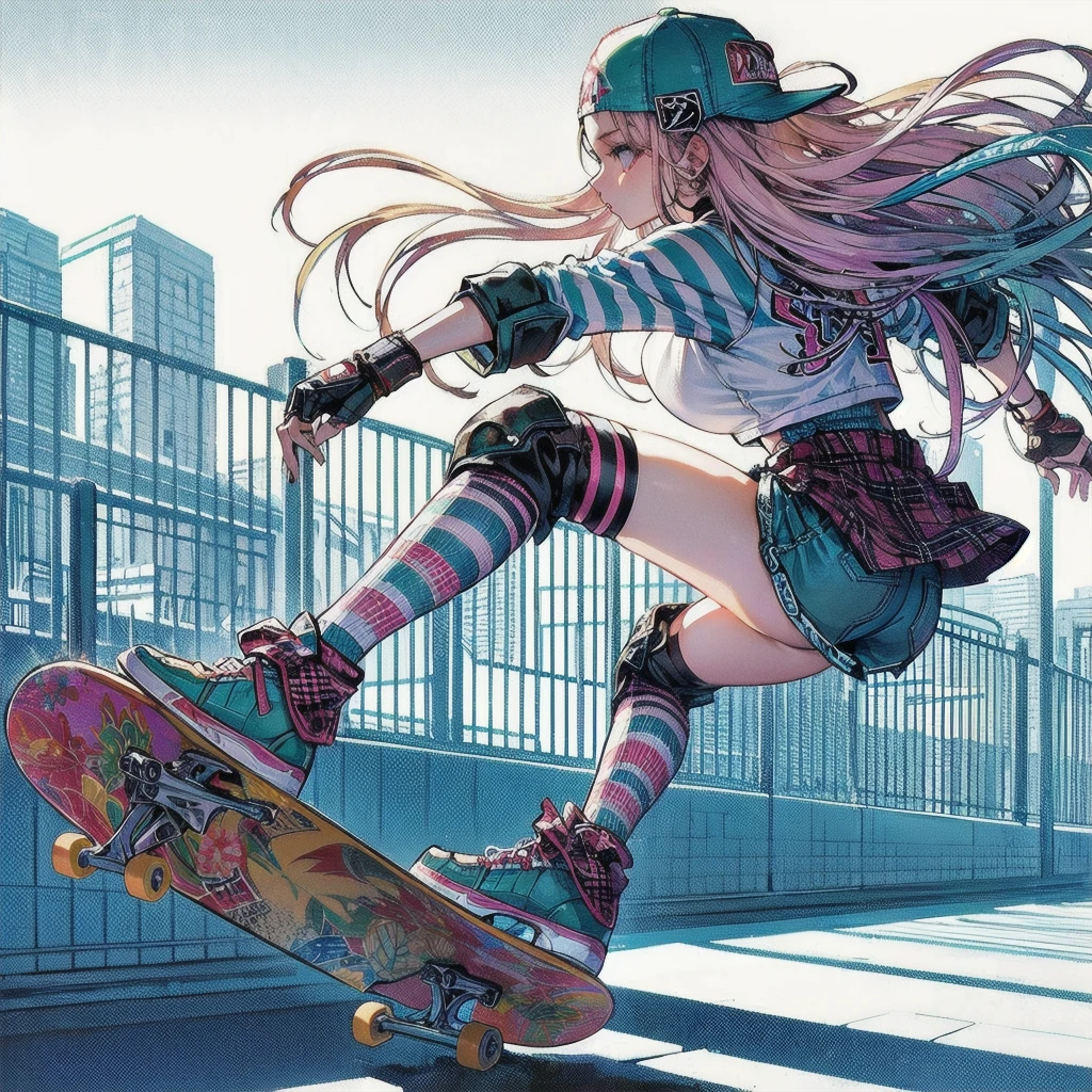  masterpiece, (textured skin), best quality, gorgeous beautiful girl, (a female skateboard athlete), detailed clothes,large breasts,narrow waist,, (beautiful face), cinematic lighting, (at skateboard venue ),
