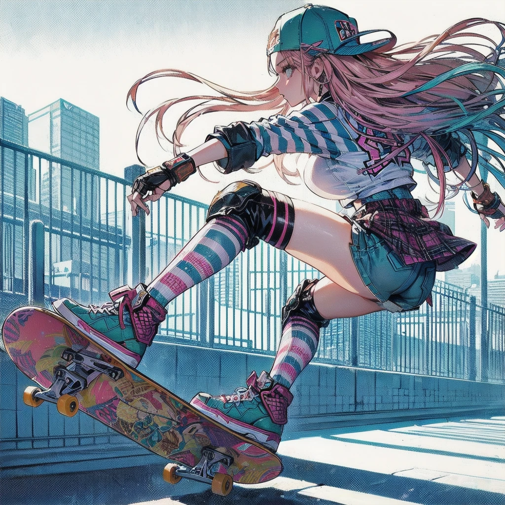 masterpiece, (textured skin), best quality, gorgeous beautiful girl, (a female skateboard athlete), detailed clothes,large breasts,narrow waist,, (beautiful face), cinematic lighting, (at skateboard venue ),