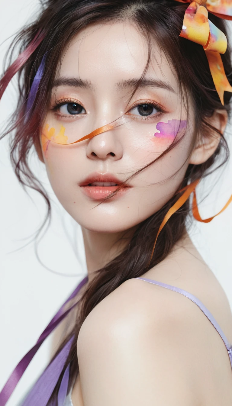 (8k, best quality, masterpiece:1.2),(best quality:1.0), (ultra highres:1.0), watercolor, a beautiful woman, shoulder, hair ribbons, by agnes cecile, half body portrait, extremely luminous bright design, pastel colors, (ink:1.3), autumn lights,