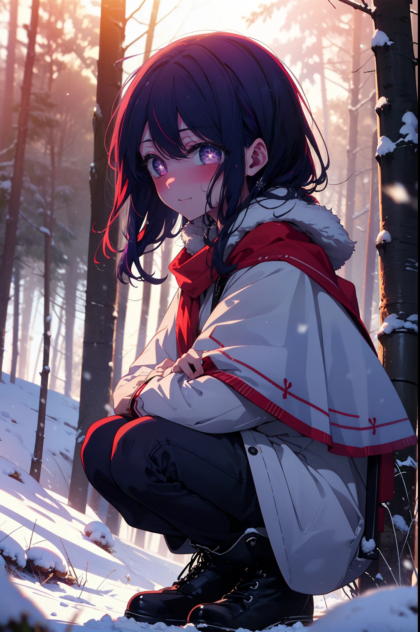 aihoshino, Ai Hoshino, Long Hair, bangs, (Purple eyes:1.1), Purple Hair, (Symbol-shaped pupil:1.5), smile,,smile,blush,White Breath,
Open your mouth,snow,Ground bonfire, Outdoor, boots, snowing, From the side, wood, suitcase, Cape, Blurred, , forest, White handbag, nature, Squat, Mouth closed, Cape, winter, Written boundary depth, Black shoes, red Cape break looking at viewer, Upper Body, whole body, break Outdoor, forest, nature, break (masterpiece:1.2), Highest quality, High resolution, unity 8k wallpaper, (shape:0.8), (Beautiful and beautiful eyes:1.6), Highly detailed face, Perfect lighting, Highly detailed CG, (Perfect hands, Perfect Anatomy),