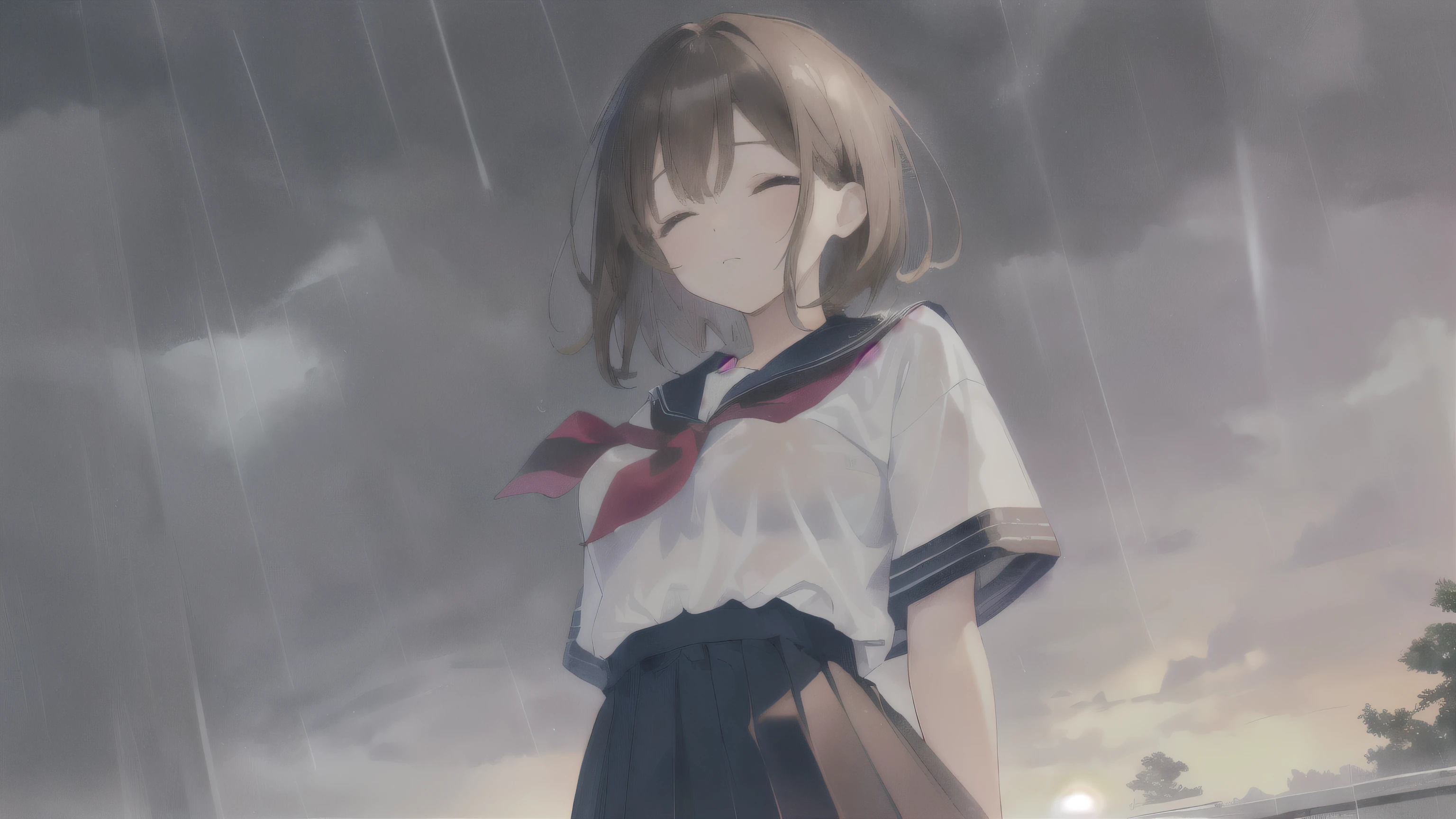 Highest quality, masterpiece, Ultra-high resolution, 8K, Show anime style , One, Soft line drawing, Digital Enhancement, shojo anime touch, shojo manga core, Flowing fabric, close, Soft Drawing, Ultra High Definition Digital Anime Art, Clear facial depiction, Highly detailed girl manga character art, Ultra-detailed manga style, Highest qualityの色, (Short brown hair)), Staring at us from the front, Beautiful brown hair, Clear brown eyes, A little chubby,Small breasts,Small Ass,(((Lift your head and close your eyes))) ,Sailor suit,School Area,(((The rainy season is over))),Getting wet in the rain,Open your arms and catch the rain,wet rat