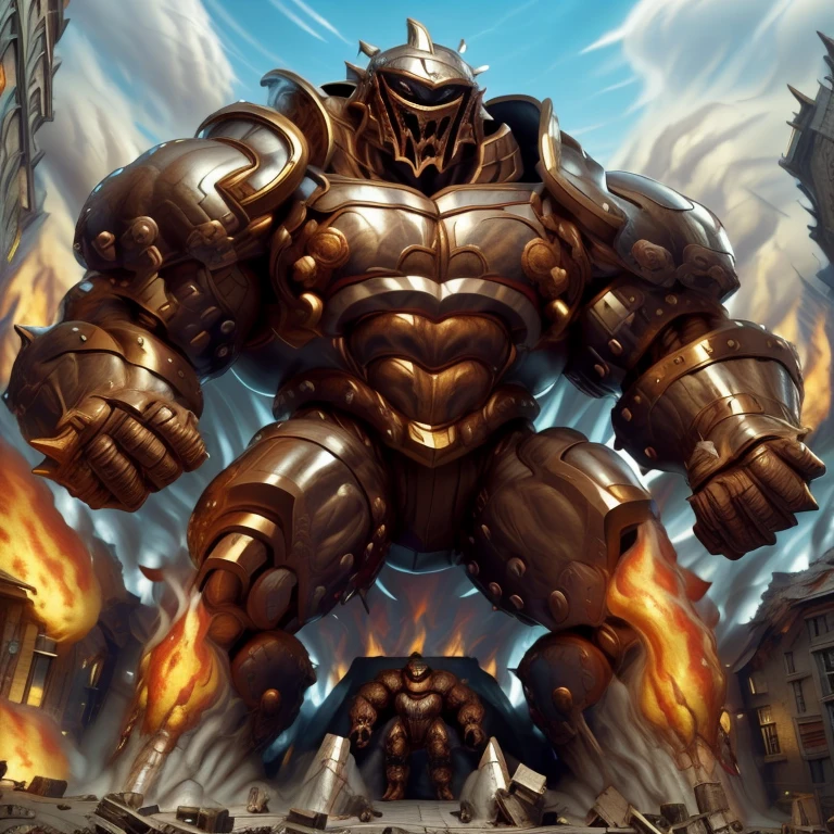 SOLO (masterpiece. official art. 8k. best quality. detailed full body. full body.)

(situation 1 : dominating Armored Flazzard. Armored Flazzard is over 1000 meters long. focus GIANT mechanical Muscular Armored Flazzard is trampling the city. Looking down. macro. stomp. Low-angle perspective. emphasizing the immense size.)

(situation 2 :smoke and flames rising from the destruction in the city)

(Additional details 1: real texture material. whole body shines like metal. emphasizes the muscles. suit fully made of metal.).

(Additional details 2: Detailed head. Detailed Body. Detailed abs. gigantic muscles. HYPER MUSCLES. Gigachad Muscular. big muscle. pecs. triceps. traps. unusually developed muscular body. body full of huge muscles. showing off muscles. pectorales enormes. Exaggeratedly huge muscles. huge muscles. long legs.).
his back he wears a golden cloak.