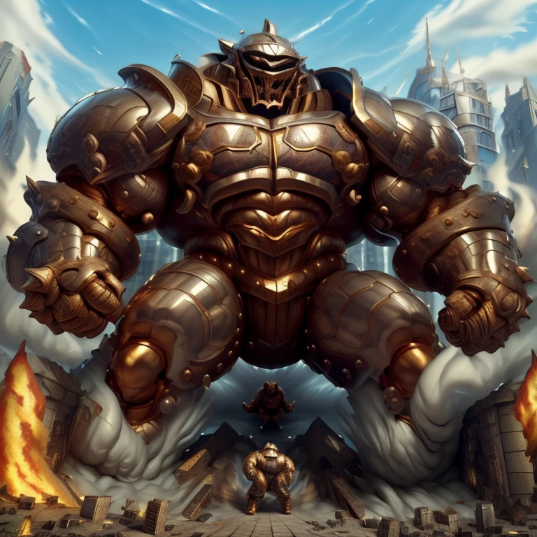 SOLO (masterpiece. official art. 8k. best quality. detailed full body. full body.)
(situation 1 : dominating Armored Flazzard. Armored Flazzard is over 1000 meters long. focus GIANT mechanical Muscular Armored Flazzard is trampling the city. Looking down. macro. stomp. Low-angle perspective. emphasizing the immense size.)
(situation 2 :smoke and flames rising from the destruction in the city)
(Additional details 1: real texture material. whole body shines like metal. emphasizes the muscles. suit fully made of metal.).
(Additional details 2: Detailed head. Detailed Body. Detailed abs. gigantic muscles. HYPER MUSCLES. Gigachad Muscular. big muscle. pecs. triceps. traps. unusually developed muscular body. body full of huge muscles. showing off muscles. pectorales enormes. Exaggeratedly huge muscles. huge muscles. long legs.).
his back he wears a golden cloak.