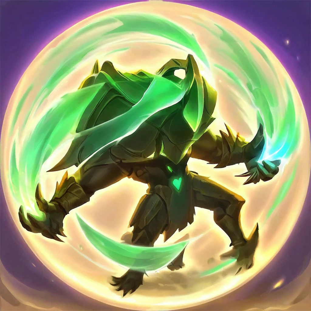 Create an aura in the shape of an animal around the target's body. The chosen animal should appear protective and formidable. The target is shielded by this animal aura, signifying increased armor and health. The scene should depict a magical, combative atmosphere., magia de cor verde "#5ad525", e um animão leão
