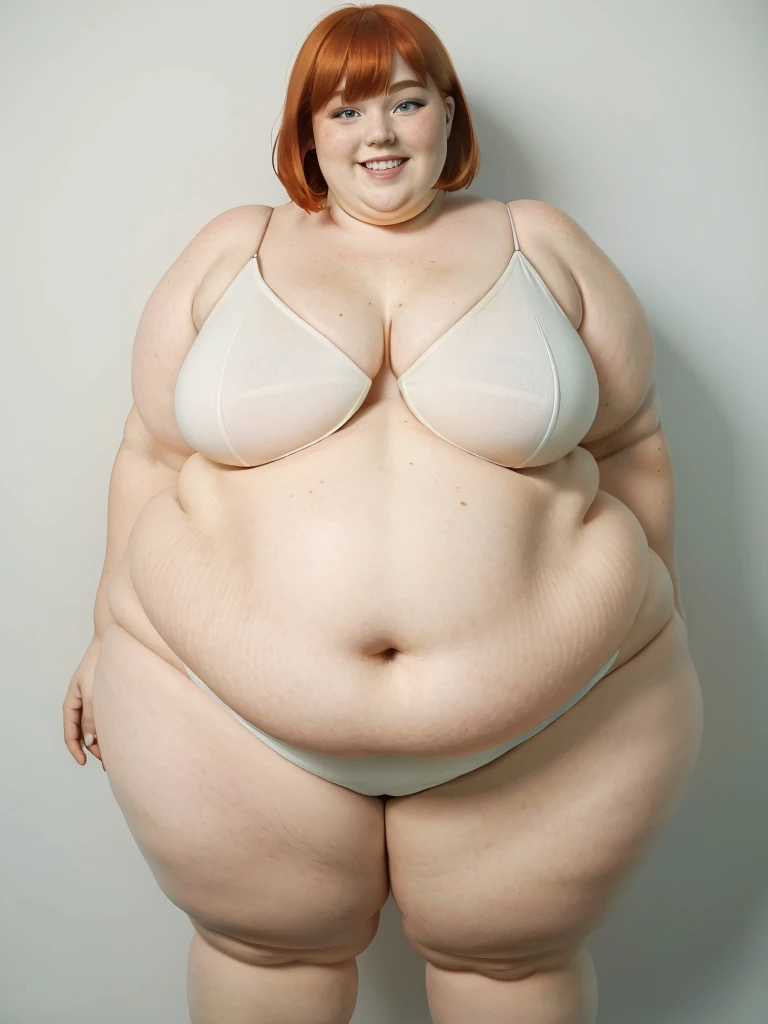 (nsfw),(8k, ultra-high resolution, highest quality, masterpiece:1.2), ultra-realistic, (realistic, photorealistic:1.37), (realistic skin:1.2), ultra-detailed, Canon EOS RP, 8k, Korean mature woman, smile, (nude), (((super obese)))、 (((super curvy,))) ((super voluptuous,)) adult model, standing with arms and legs spread apart、 ((full body shot)), thick ankles, (short hair), (empty space), (pale white background only),（bare feet）