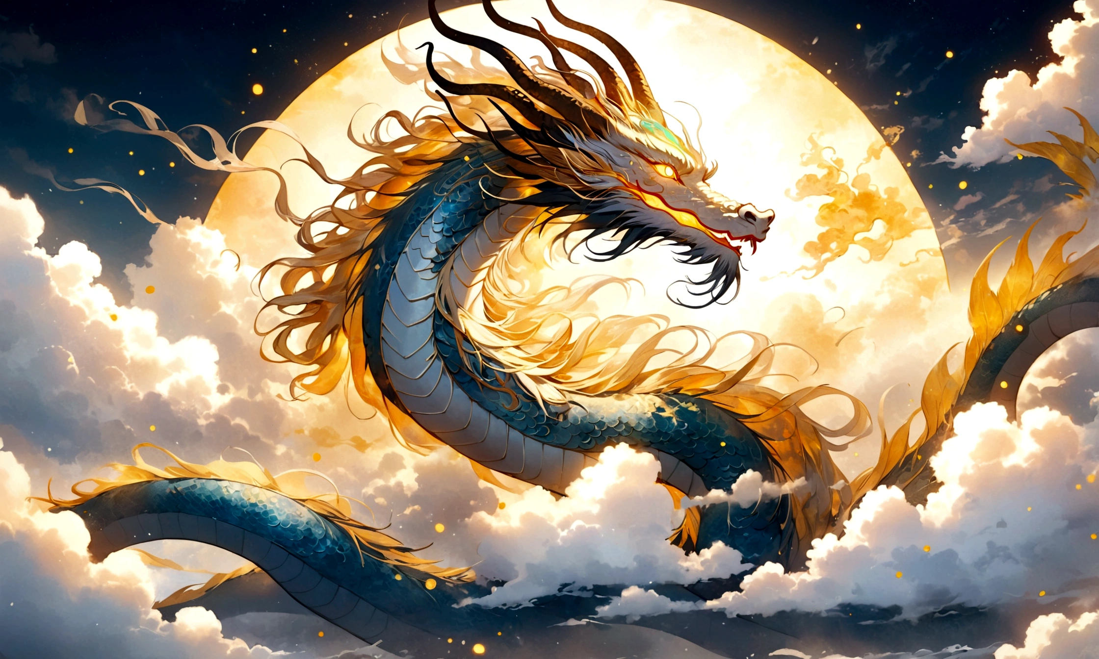 sky dragon god, gentle gaze, fantastic background, moonlight background, sea of ​​clouds background, golden splashes, mysterious, sacred light, mythical creature, traditional Chinese dragon, mythology, speckled light, hazy haze, mysterious aura, masterpiece, fantastic and graceful dragon, good luck, fantasy art