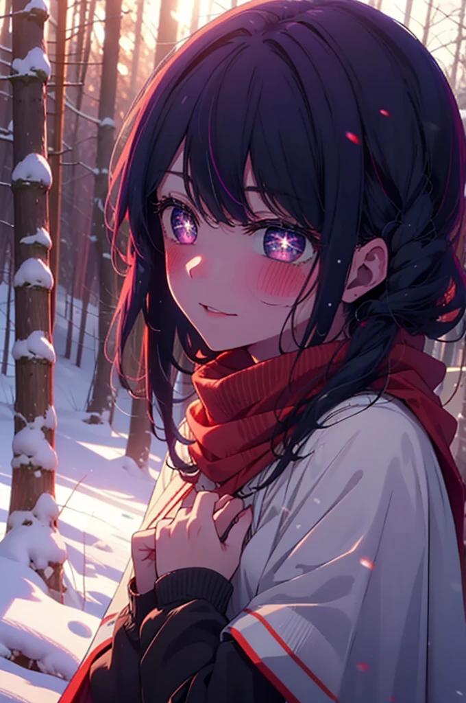 aihoshino, Ai Hoshino, Long Hair, bangs, (Purple eyes:1.1), Purple Hair, (Symbol-shaped pupil:1.5), smile,,smile,blush,White Breath,
Open your mouth,snow,Ground bonfire, Outdoor, boots, snowing, From the side, wood, suitcase, Cape, Blurred, , forest, White handbag, nature, Squat, Mouth closed, Cape, winter, Written boundary depth, Black shoes, red Cape break looking at viewer, Upper Body, whole body, break Outdoor, forest, nature, break (masterpiece:1.2), Highest quality, High resolution, unity 8k wallpaper, (shape:0.8), (Beautiful and beautiful eyes:1.6), Highly detailed face, Perfect lighting, Highly detailed CG, (Perfect hands, Perfect Anatomy),