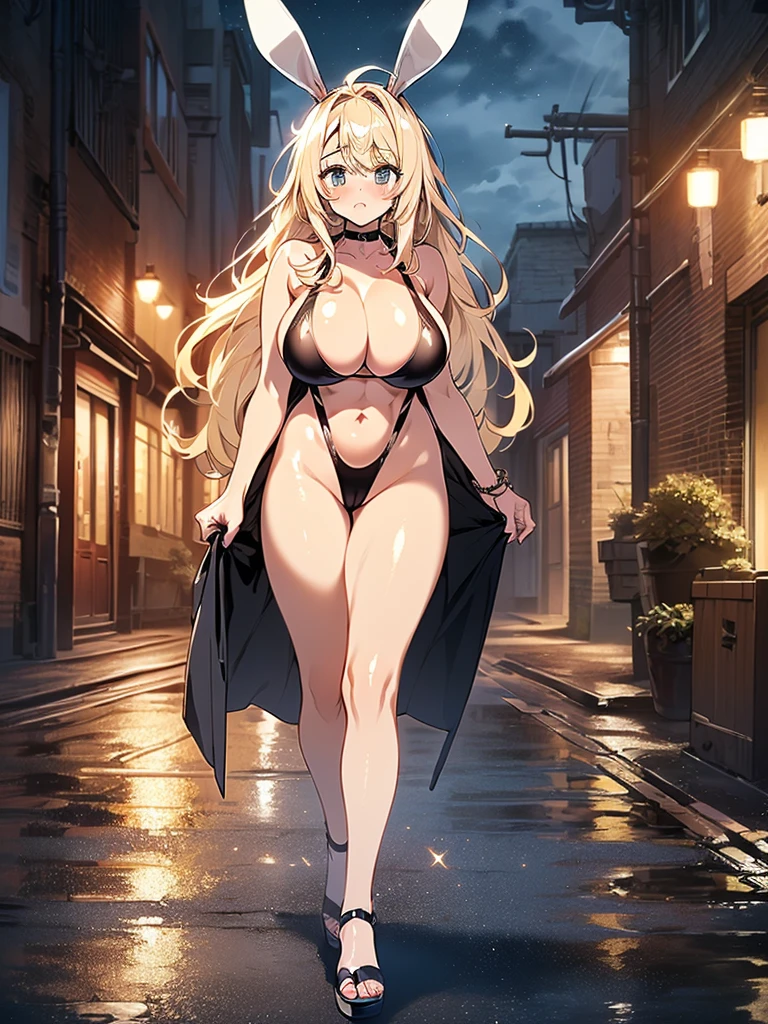 cute bunny girl,(((1girl))),((anime bunny girl with extremely cute and beautiful blonde hair walking seductively down the street)),(((bunny girl,anthro furry cute,bunny-girl))),(((bunny ears,bunny ears on head,big bunny ears))),
(large breasts:1.4),saggy breasts,(((blonde hair:1.35,colored inner hair,ear breathing,long hair))),((heterochromia,eye1 green eye2 orange,perfect eyes,upturned eyes:1.3,beautiful detailed eyes,finely detailed beautiful eyes:1,big highlight on eyes:1.2,slanted eyes)),((fat)),(((lustrous skin:1.5,bright skin: 1.5,skin tanned,shiny skin,very shiny skin,shiny body,plastic glitter skin,exaggerated shiny skin))),(spider lower abdomen,narrow waist,wide hip,athletic body,inflated legs,delicate detailed fingers,detailed body,detailed arms,human hands,(detailed face)),
cute,slutty,seductive,erotic,(((nsfw))),
(((slingshot swimsuit))),(((huge cleavage))),(detailed outfit,detailed clothes),
(dynamic pose:1.0),solo focus,embarrassed,centered,scale to fit dimensions,Rule of thirds,
outdoors,((night view)),(cyberpunk night street Background: 1.5,dark sky,alleyway, alley,thick clouds,detailed background:1.25),
(best quality),(high resolution),(sharp focus),(ultra detailed),(extremely detailed),(extremely high quality artwork),8k_wallpaper,(extremely detailed CG 8k),(very fine 8K CG),((hyper super ultra detailed perfect piece)),flawless,(((masterpiece))),illustration,vibrant colors,(intricate),High contrast,Selective lighting,Double exposure,HDR (High Dynamic Range),Post-processing,Background blur,