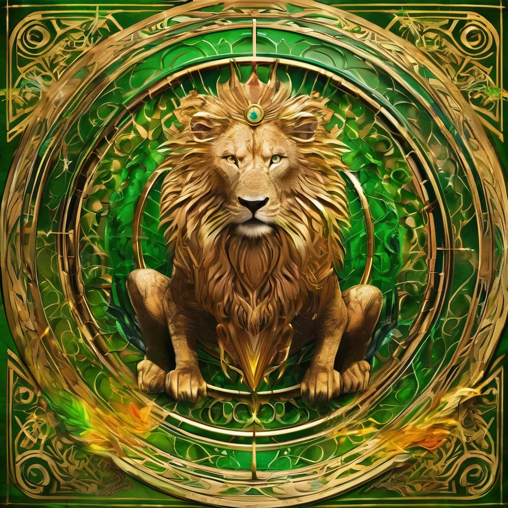 Create an aura in the shape of an animal around the target's body. The chosen animal should appear protective and formidable. The target is shielded by this animal aura, signifying increased armor and health. The scene should depict a magical, combative atmosphere., magia de cor verde "#5ad525", e um animão leão